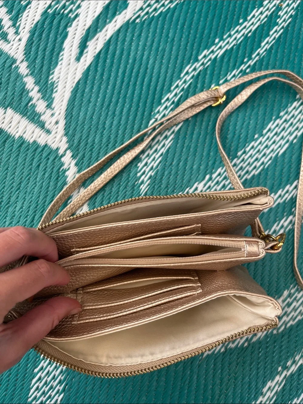 Metallic Gold Crossbody Wallet Bag with Adjustable Strap